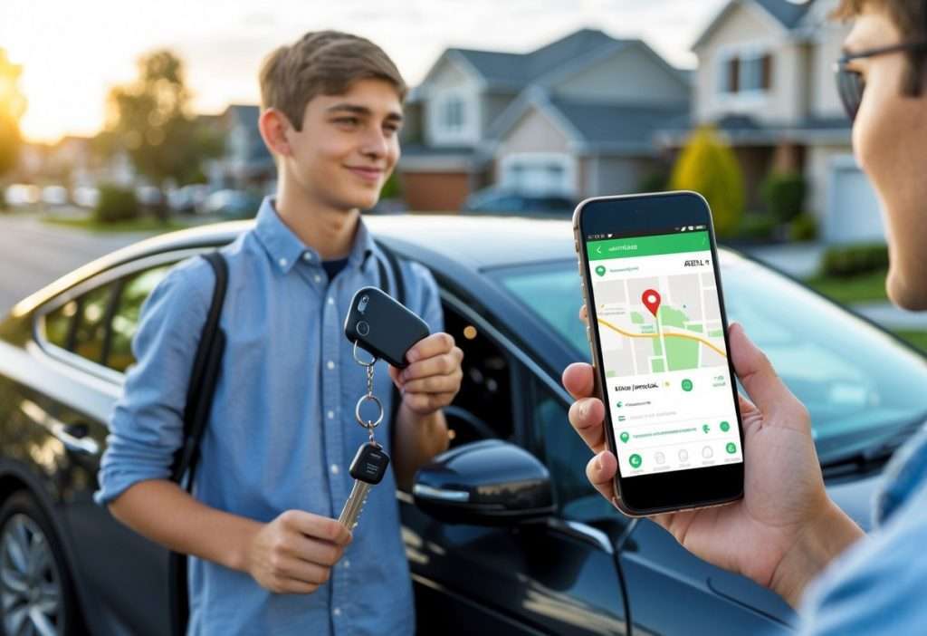 MetaTrak S7 Tracker VTS Tracker 9 A teen driver holding car keys stands beside a car with a parent looking on, while a smartphone shows a car tracking app in the background.
