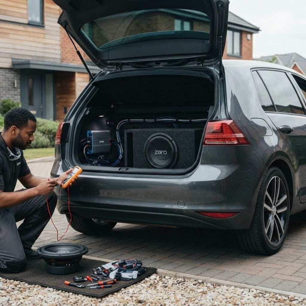 Car subwoofers being checked in the boot of a modern UK vehicle