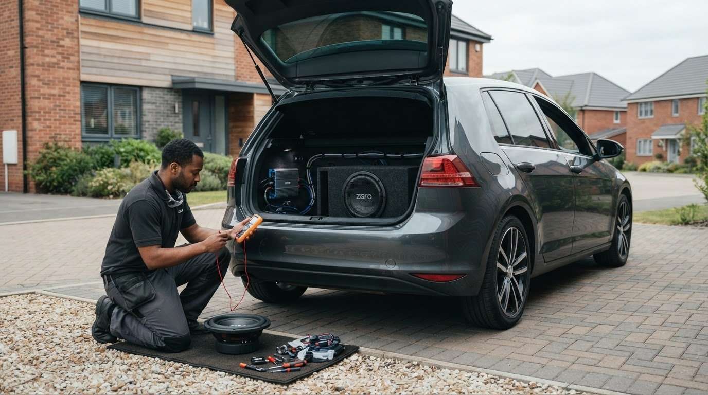 Car subwoofers being checked in the boot of a modern UK vehicle