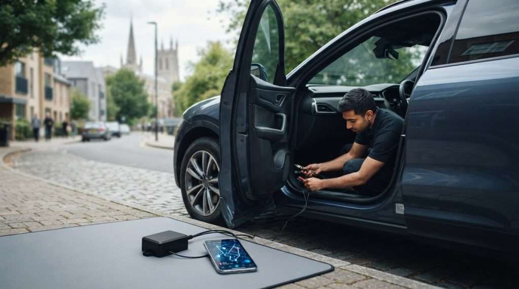 Professional fitting checks for a GPS locator and car tracking systems on a modern UK vehicle