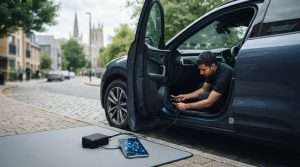 Professional fitting checks for a GPS locator and car tracking systems on a modern UK vehicle