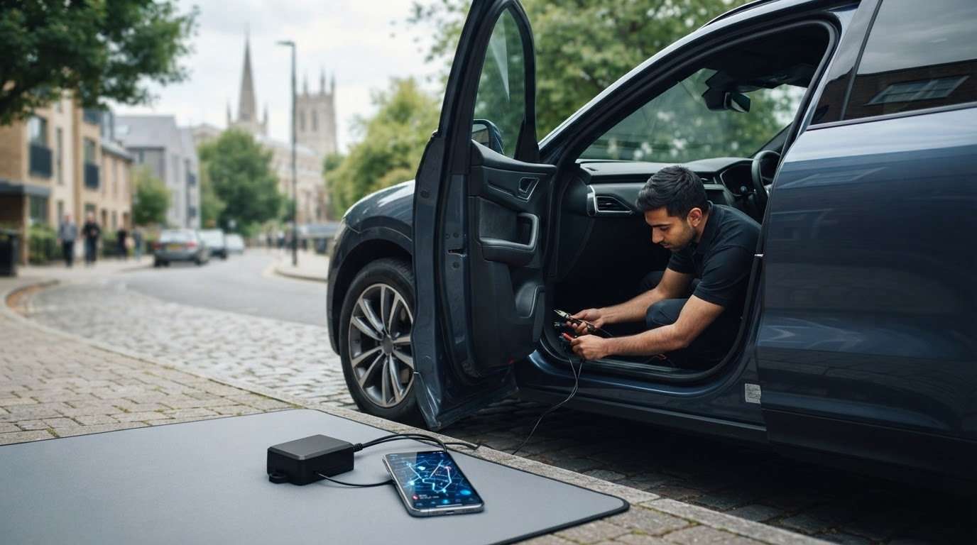 Real-Time GPS Tracking Chelmsford: Cars, Vans and Fleets 3 GPS locator installation checks on a modern vehicle in a UK street