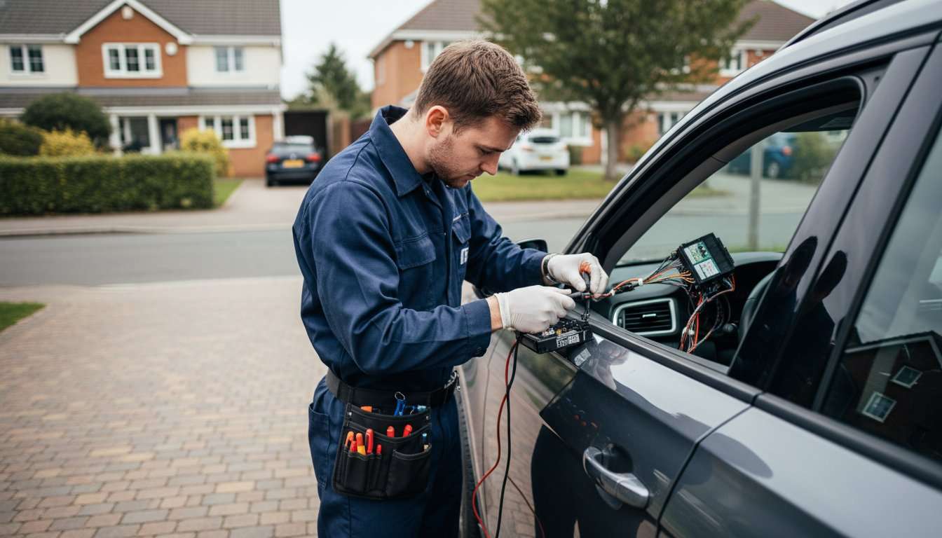 Car Immobiliser Fitting Shenfield: Options and Preparation 5 Vehicle security installer checking a car during an installation appointment