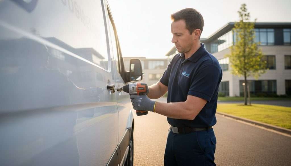 Van security installer checking an additional lock on a modern white van