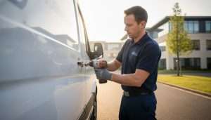 Van security installer checking an additional lock on a modern white van