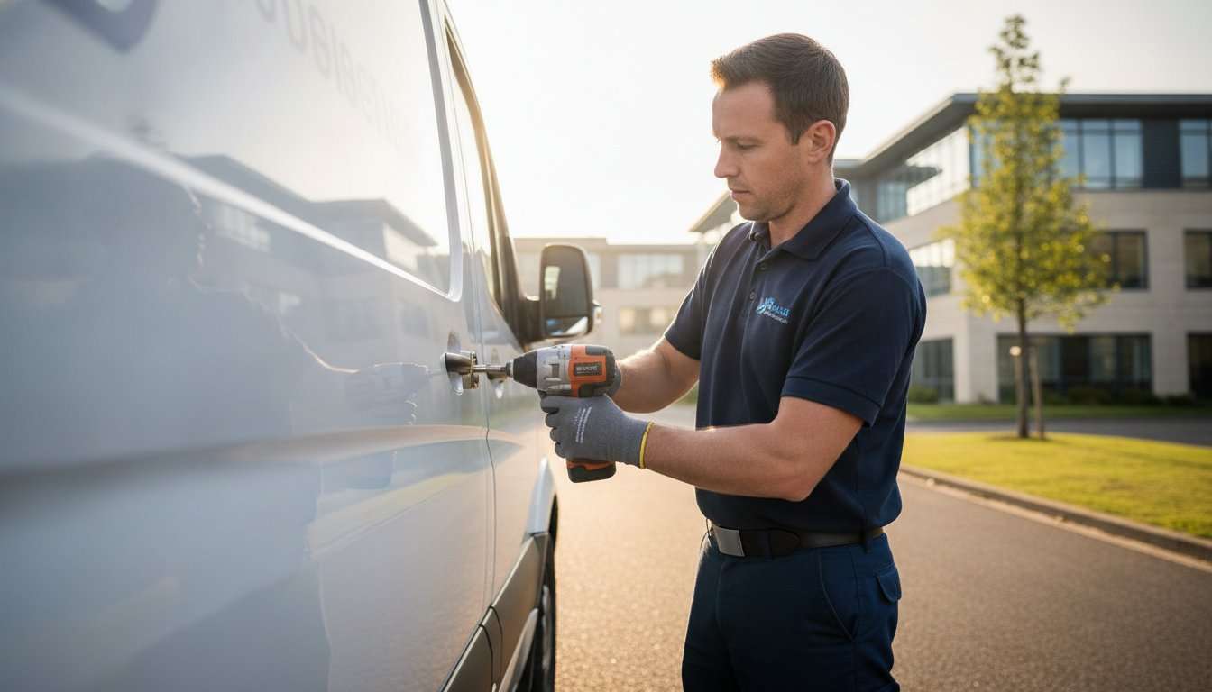 Van Security: 7 Essential Checks for Better Protection 1 Van security installer checking an additional lock on a modern white van