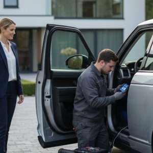Installer and UK vehicle owner discussing tracker insurance discount checks