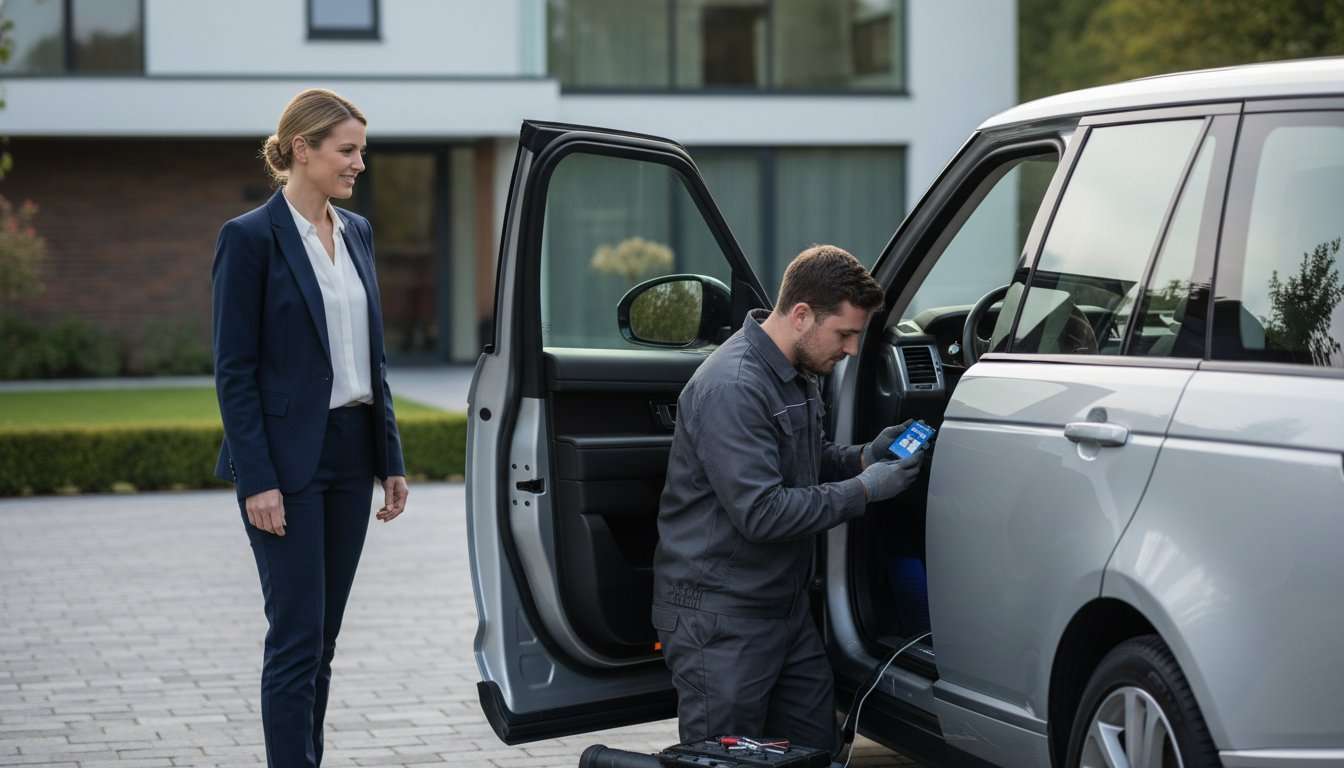 Car Tracking Systems: 7 Essential Checks for Better Security 3 Installer discussing insurance approved car trackers beside a right-hand-drive UK vehicle