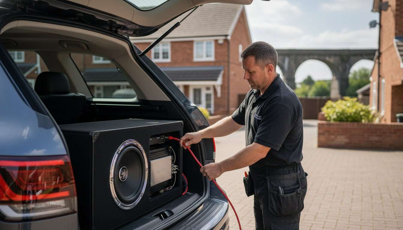 Car Amplifier Cutting Out? 7 Common Causes and Safe Checks 7 Installer working on a car audio system in a vehicle boot
