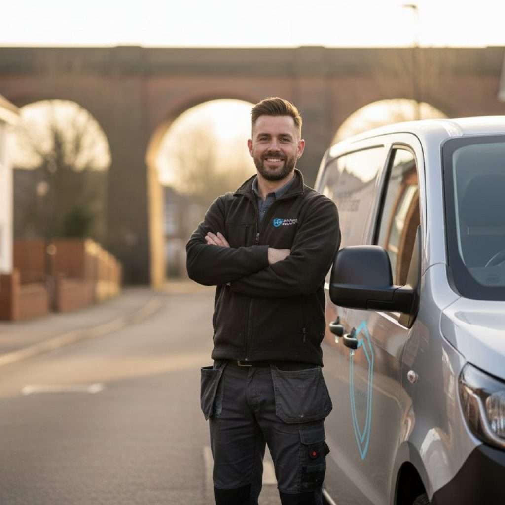 Installer beside a modern white van discussing van security tracking
