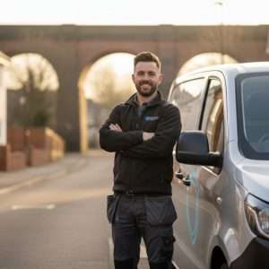 Installer beside a modern white van discussing van security tracking