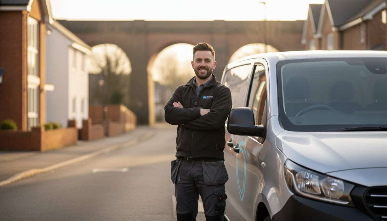 Real-Time GPS Tracking Chelmsford: Cars, Vans and Fleets 1 Installer and modern UK van illustrating real-time GPS tracking