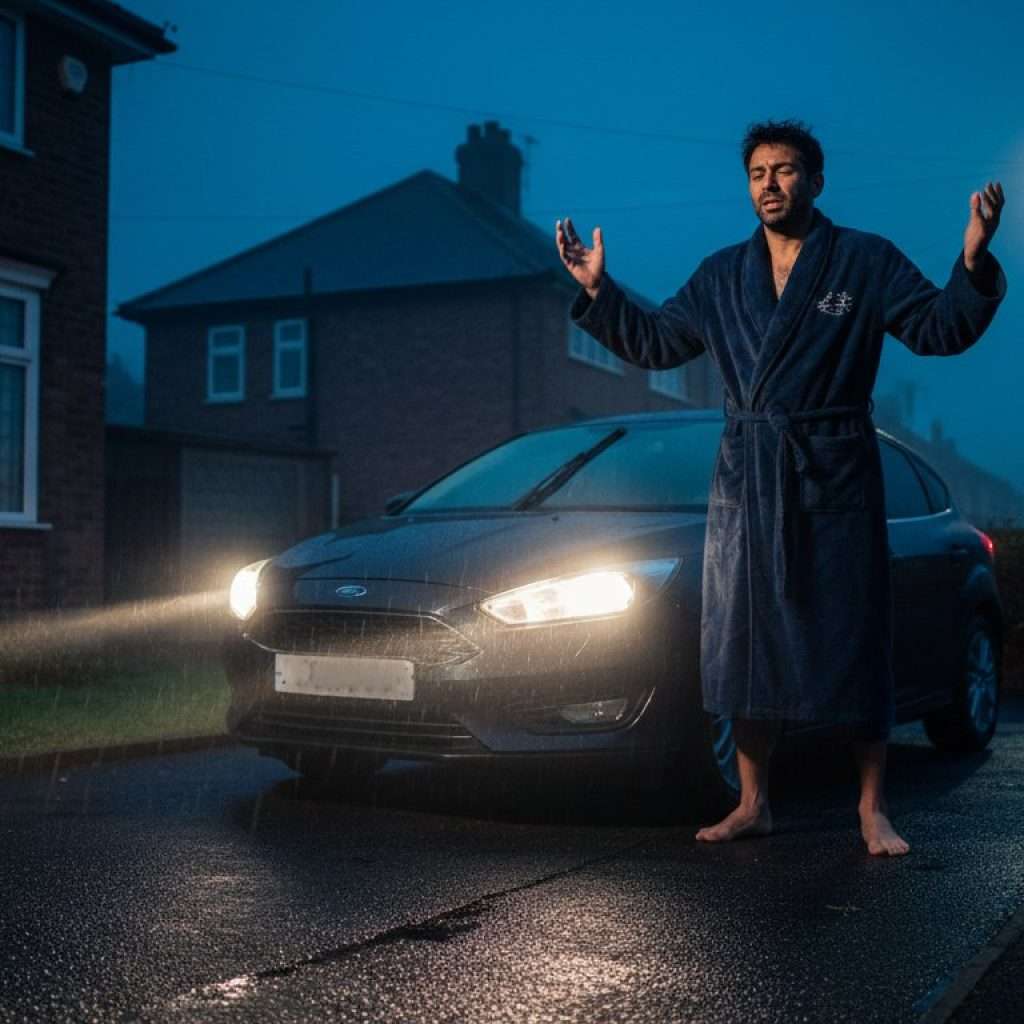 Driver beside a parked car at dusk after an alarm trigger