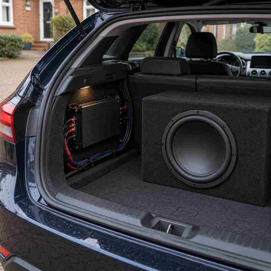 Car Amplifier Cutting Out? 7 Common Causes and Safe Checks 1 Car amplifier cutting out guide: amplifier and subwoofer in a right-hand-drive UK hatchback