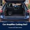 Car amplifier cutting out guide with audio equipment in a modern UK hatchback and steering wheel clearly on the right