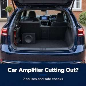 Car amplifier cutting out guide with audio equipment in a modern UK hatchback and steering wheel clearly on the right