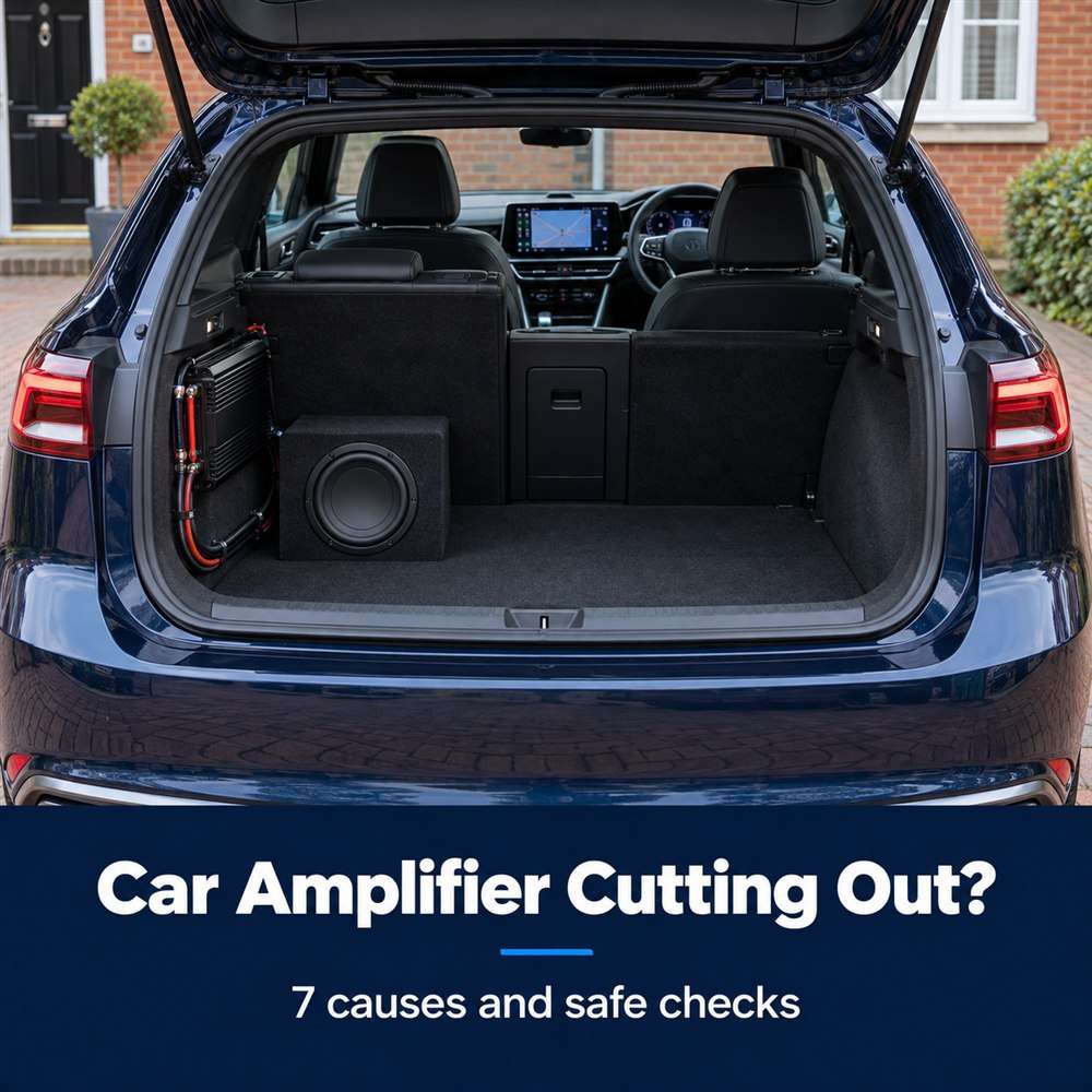Car amplifier cutting out guide with audio equipment in a modern UK hatchback and steering wheel clearly on the right