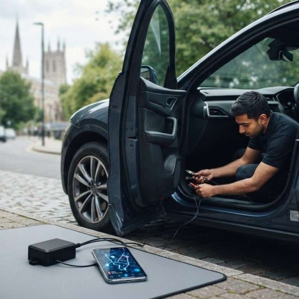 Professional fitting checks for a GPS locator and car tracking systems on a modern UK vehicle