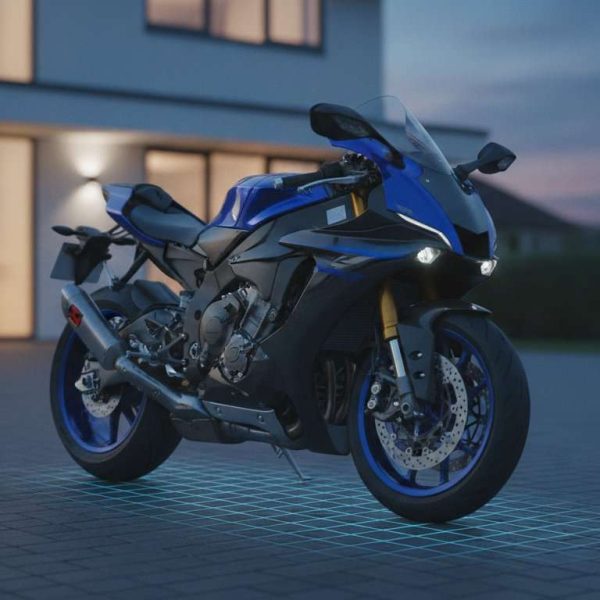 Modern motorcycle parked outside UK homes for a motorcycle trackers guide