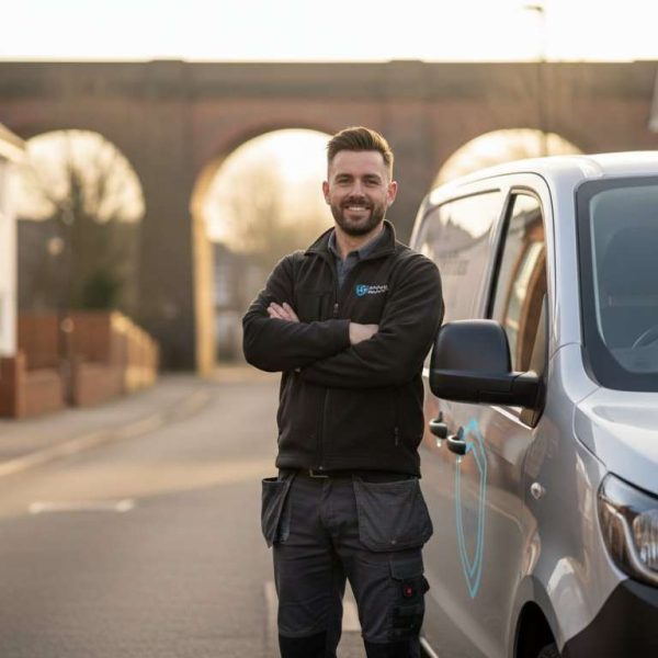 Installer beside a modern white van discussing van security tracking
