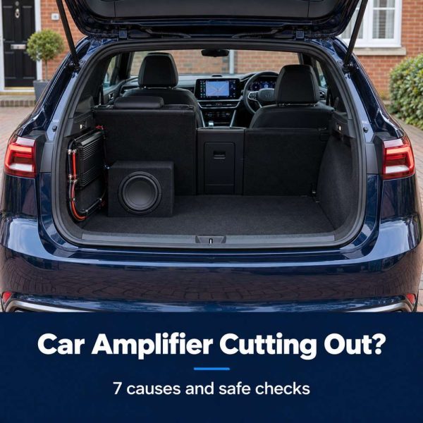 Car amplifier cutting out guide with audio equipment in a modern UK hatchback and steering wheel clearly on the right